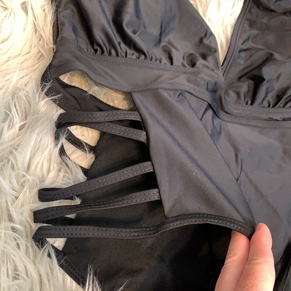 NWT Beach Queen black swim suit. Low cut halter with side cutouts - Picture 2 of 6